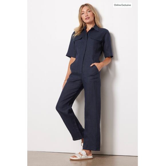 RIVET UTILITY NWT Dynamo Short Sleeve Linen Jumpsuit in Navy // XL - Picture 1 of 13